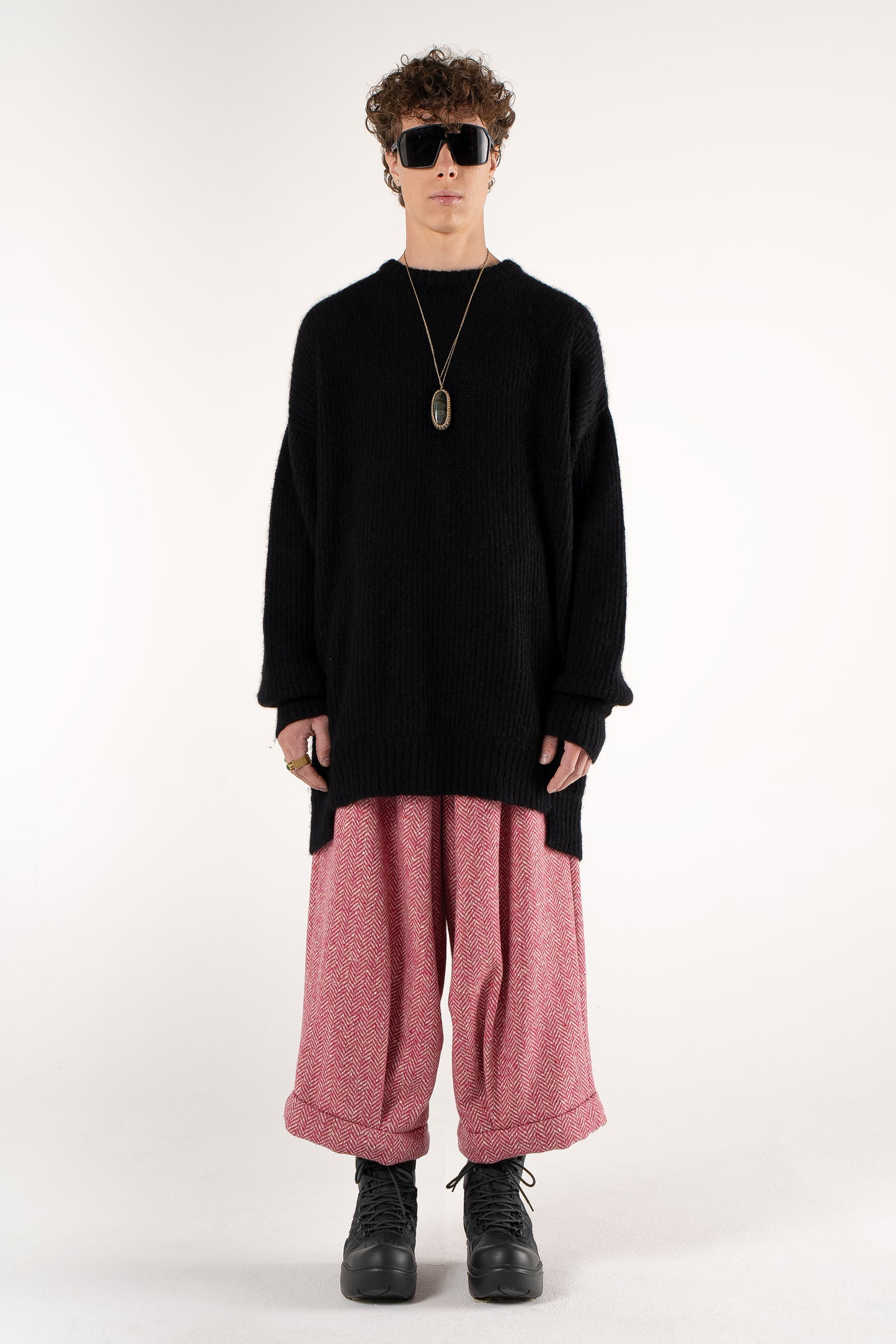 4Size Oversized Pants – Wool Herringbone Pink/White